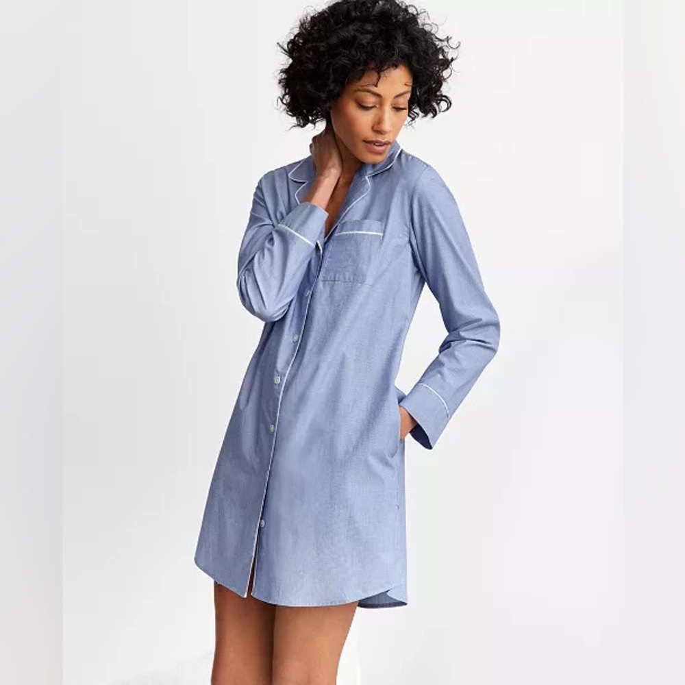 State of Day Women's Notch Collar Poplin Sleepshirt In Blue Size Medium New